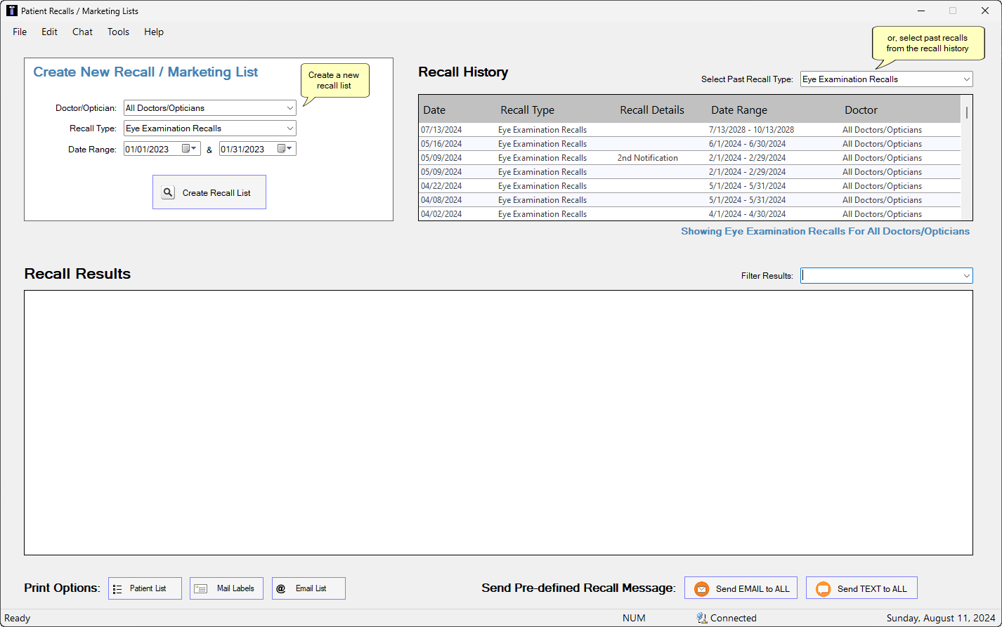 iCARE patient recalls and marketing lists